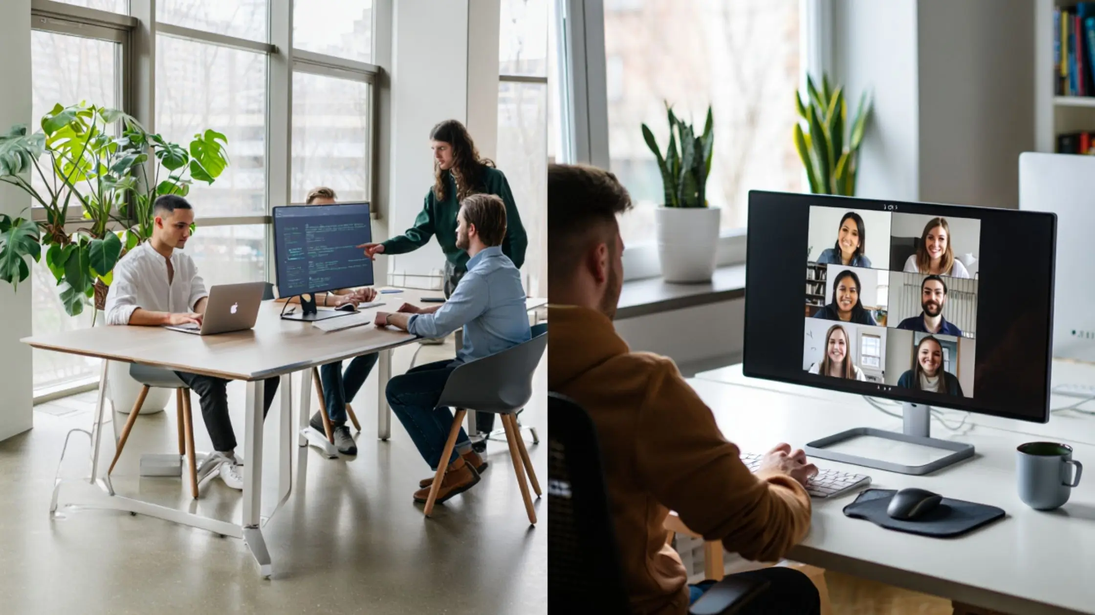 Inhouse-Team bei Besprechung vs. Offshoring Team-Meeting via Videochat