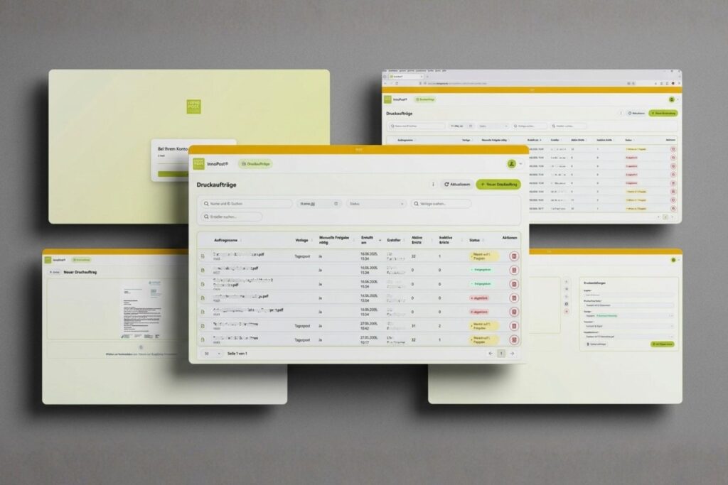 Abbildung einiger Screens der Anwendung InnoPost® von RIECO, die gemeinsam mit der x-root Software GmbH entwickelt wurde