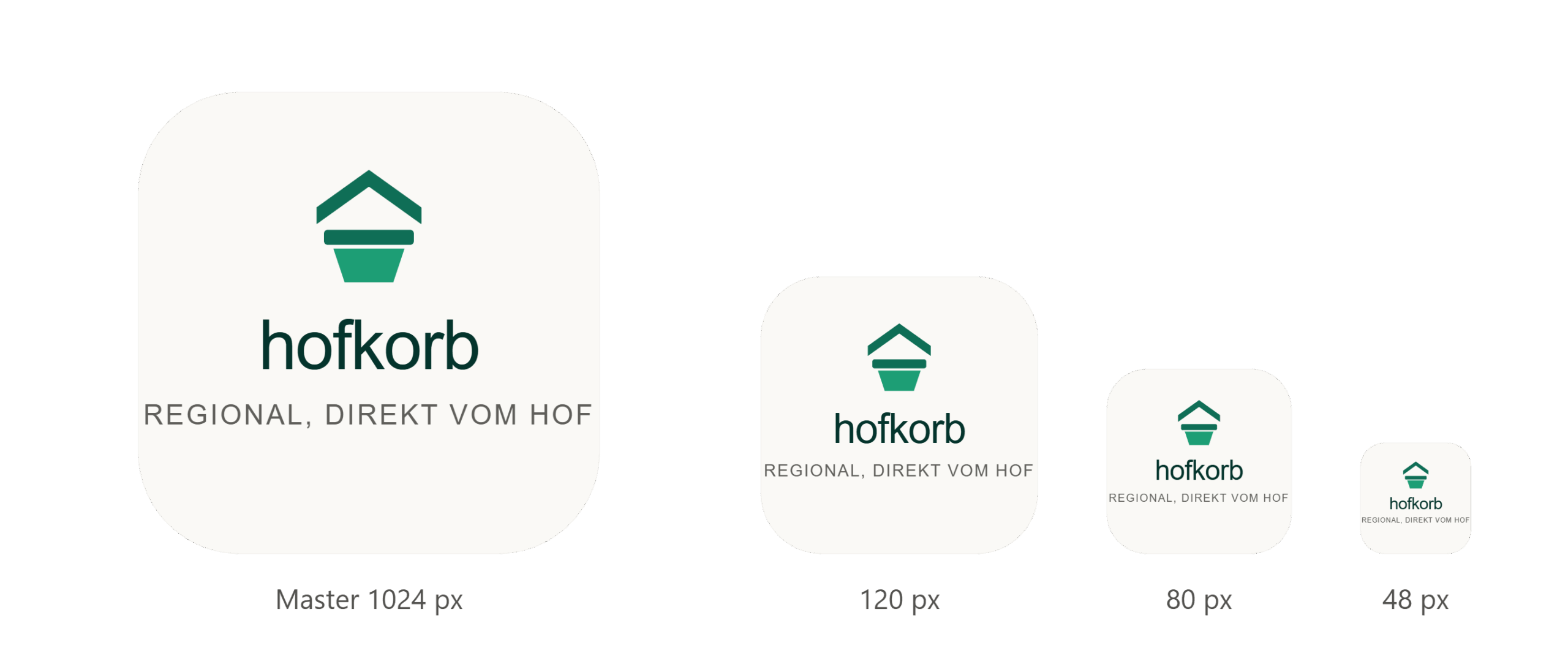 Falschbeispiel: ein vollständiges Logo mit Schriftzug und Claim in Icon-Form, gezeigt in vier Größen. Ab 80 Pixeln wird der Text unleserlich, bei 48 Pixeln ist nur noch eine unklare helle Fläche erkennbar.