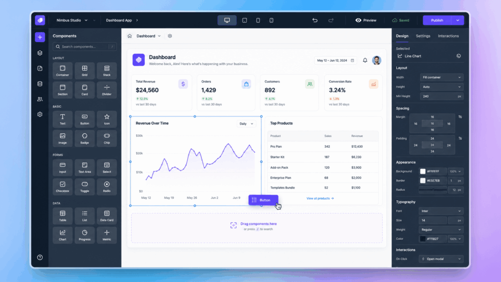 Illustrative Darstellung einer No-Code-Plattform mit visuellem UI-Editor